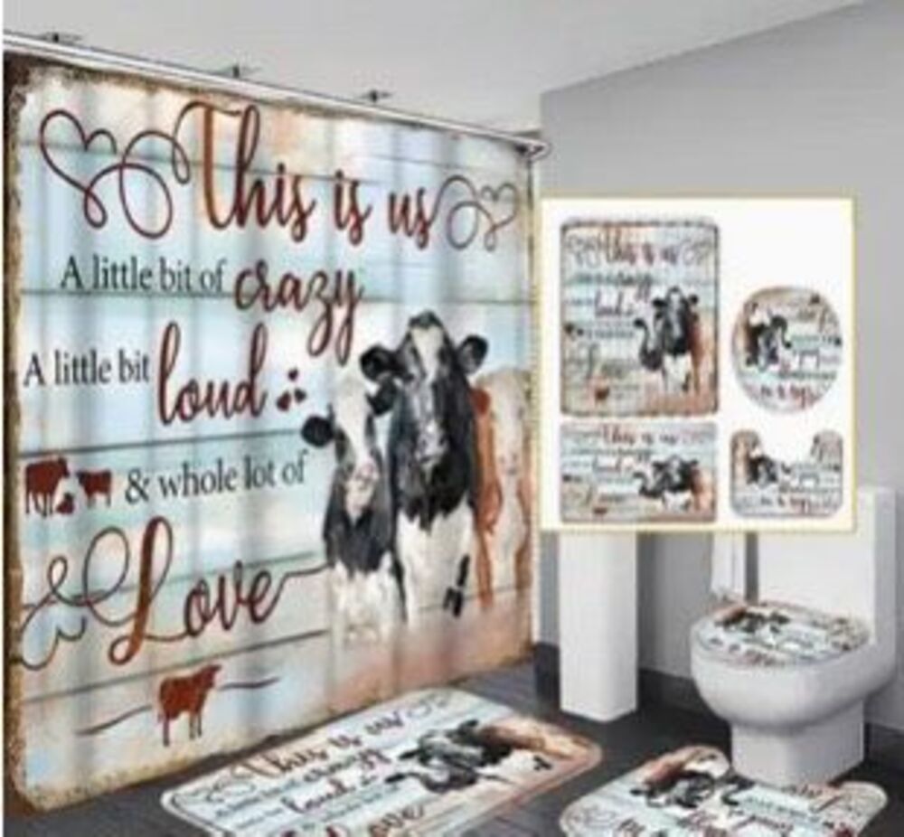 Cow black and white shower curtain & Bath Mat Set with Hooks - 4 Piece Collectio